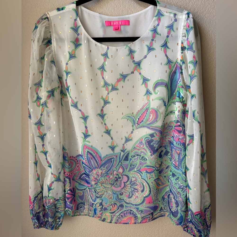 Lilly Pulitzer print metallic clip dot lined, but sheer blouse. EUC!